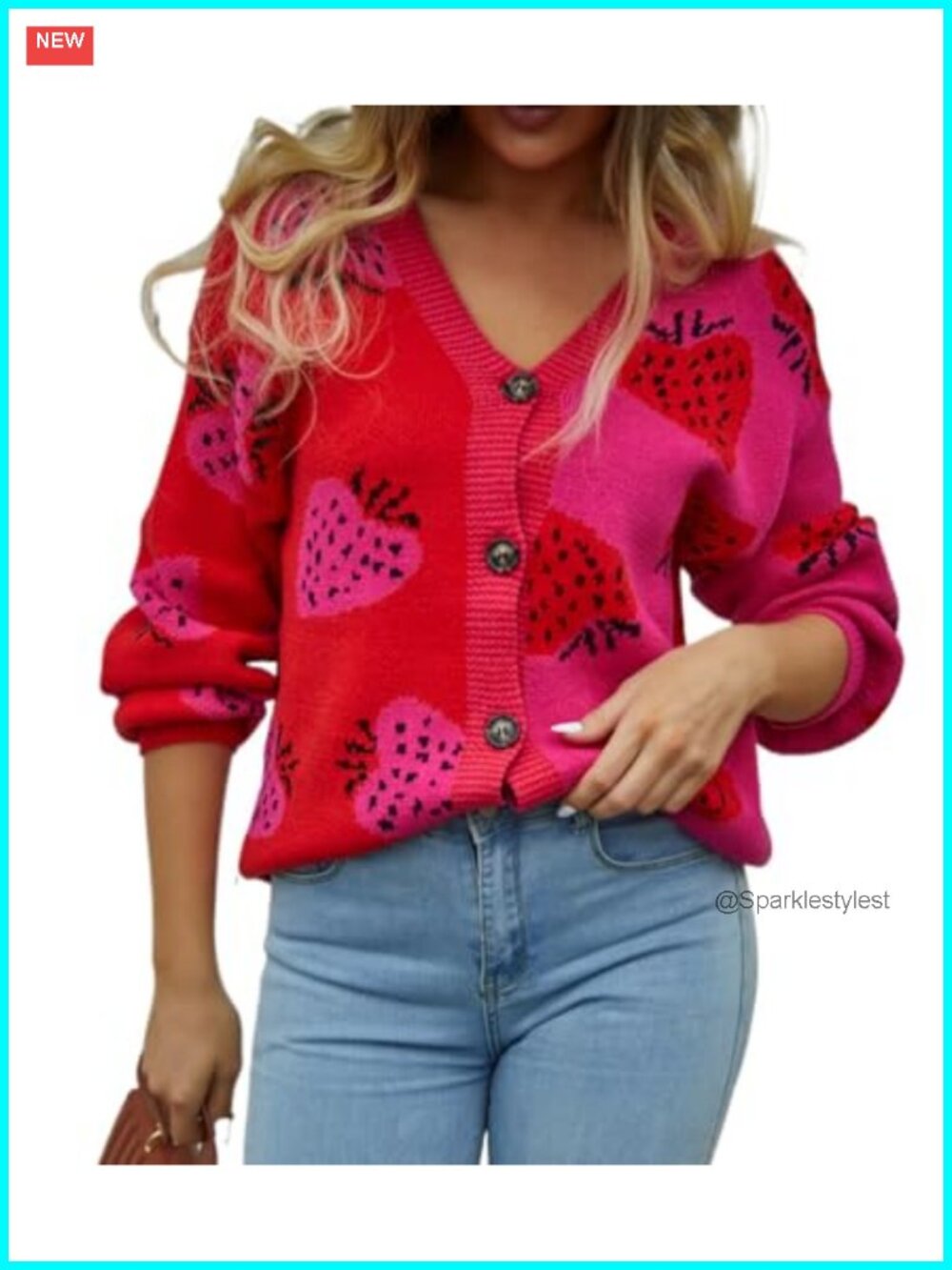 Womens V-Neck Button Down Knit Cardigan Strawberry Graphic Long Sleeve